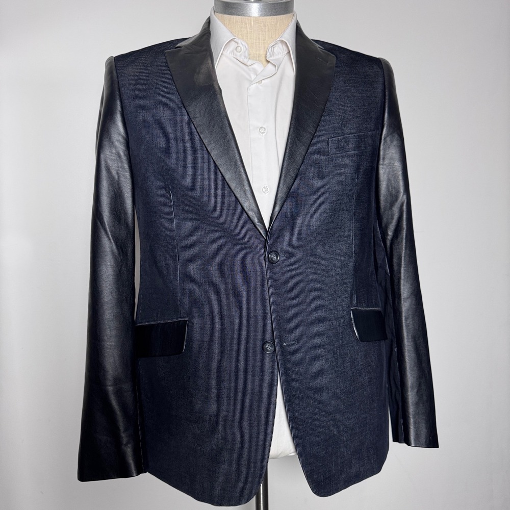 Saks Fifth Avenue Blazer Mens XL Blue Black Faux Leather Trim Mixed Media Jacket